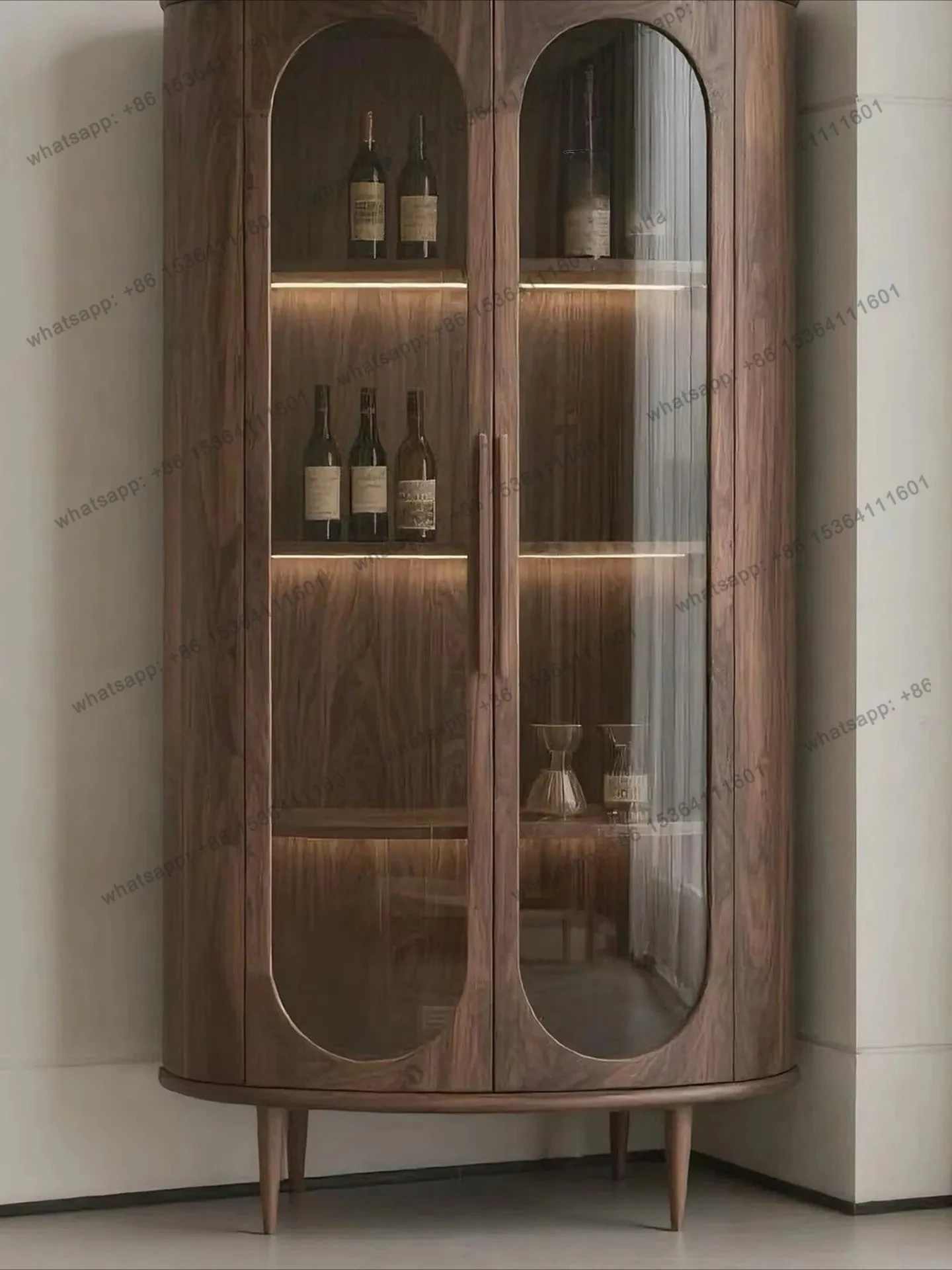 Italian minimalist North American black walnut glass wine cabinet living room oval display cabinet solid wood storage