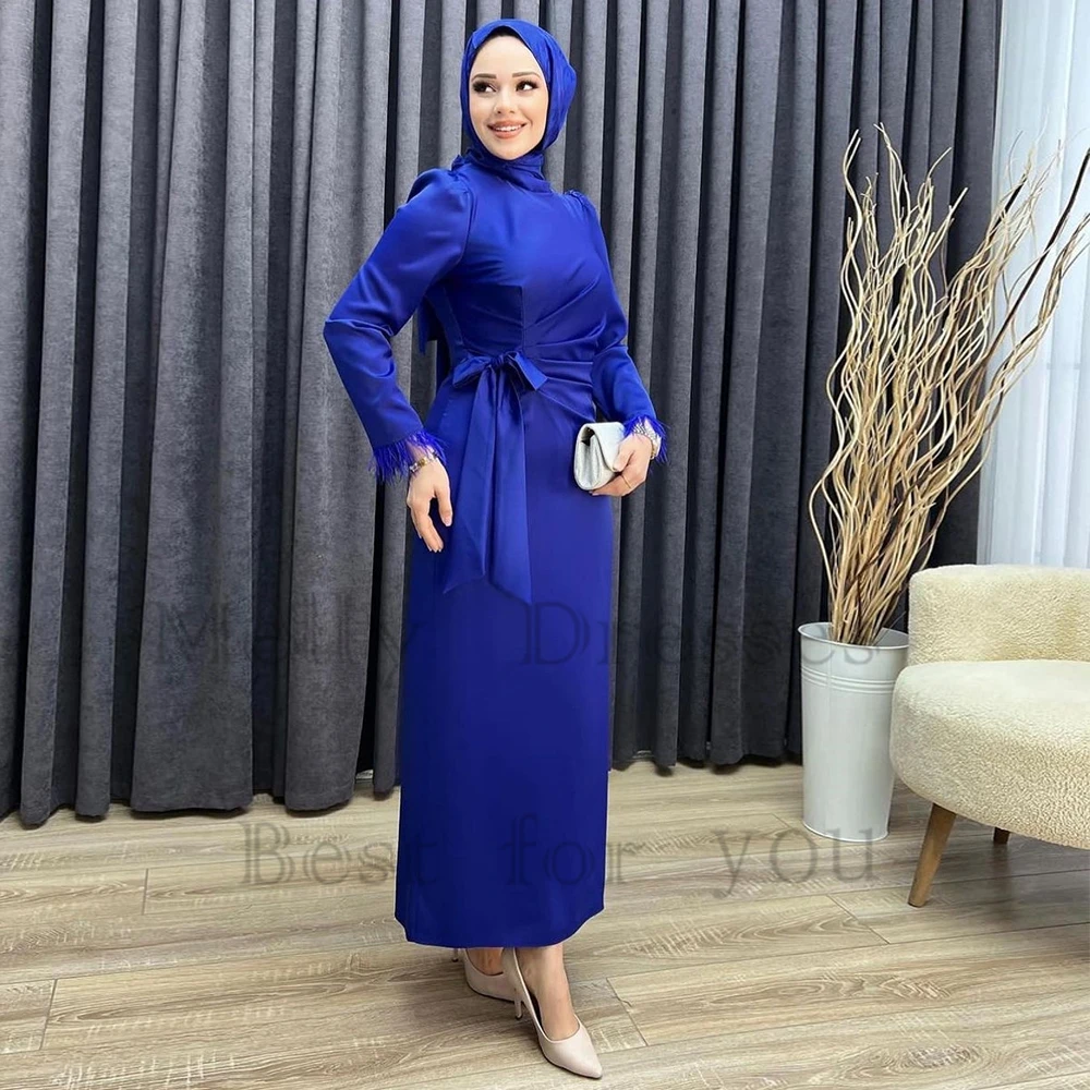 

Royal Blue Ankle Length Muslin Evening Dresses Full Sleeve Prom Gowns with Pleat 2024 Summer New Zipper Back Robe De Soirée