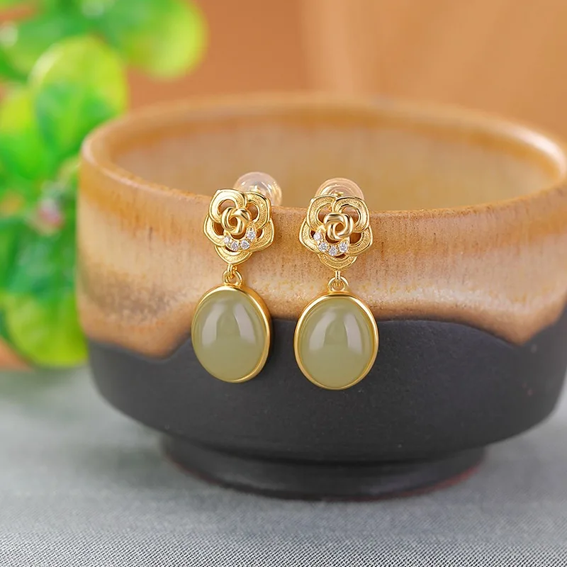 TIMESWIND الطبيعية Hetian اليشم الضوء الأخضر بالتنقيط S925 الفضة الوردية النساء الأقراط مع شهادة