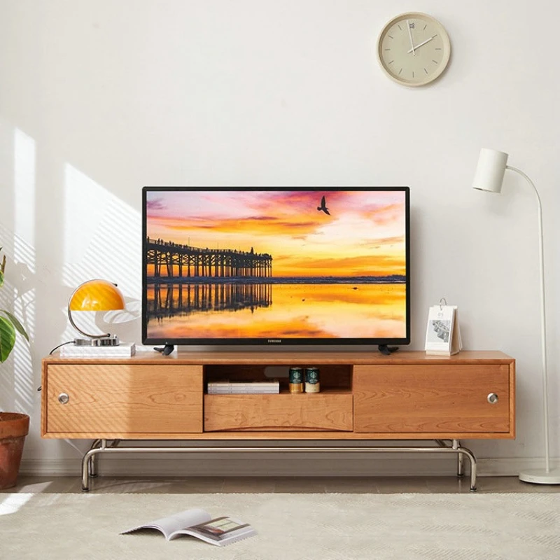 

Nordic solid wood TV cabinet, household living room stainless steel locker, simple medieval floor storage audio-visual cabinet