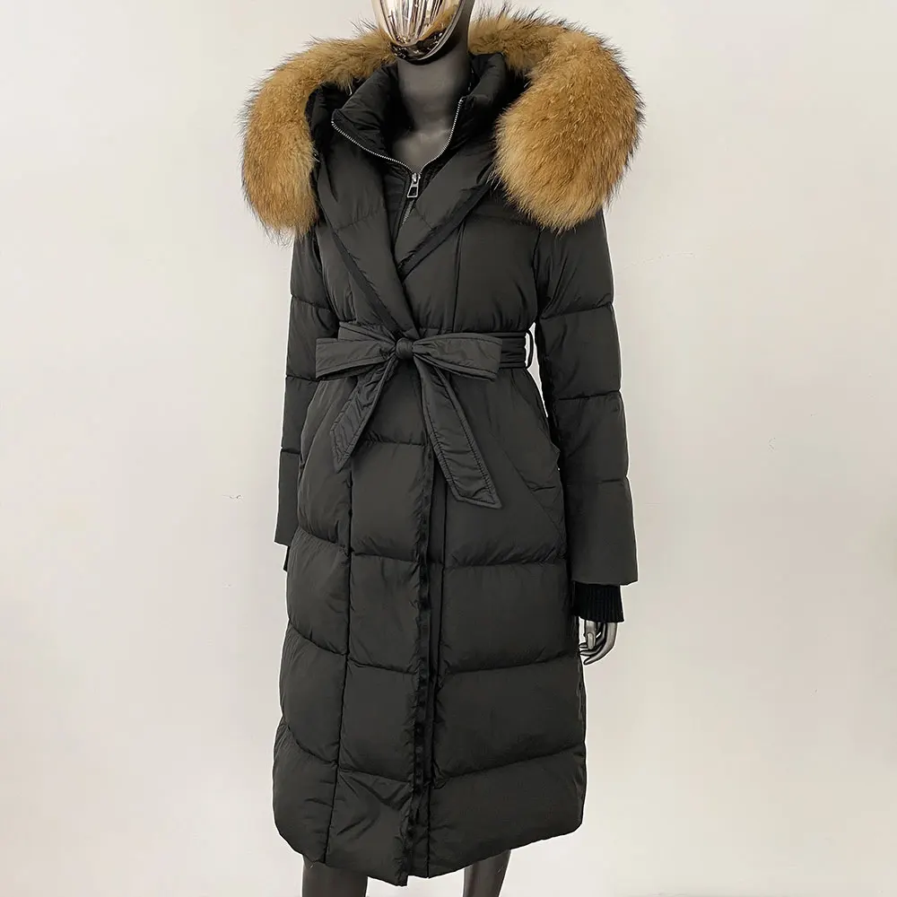 

Long White Goose Down Coat Belt Casual Down Jacket Women Winter Real Natural Fox Fur Hooded Detachable Collar Elegant Overwears