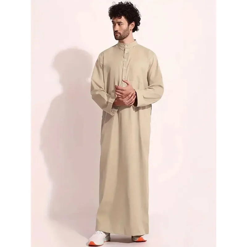 Plus Size Men's Solid Saudi Arab Islamic Kaftan, Long Sleeve Muslim Robe Ismaic Dubai Ethnic Festival Band Collar Tops Men's Clo