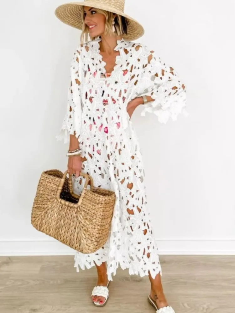 Sexy Kant Hol V-hals Jurk Voor Vrouwen Elegante Effen Lange Jurken Dames Zomer Casual Strand Vakantie Losse Vestidos