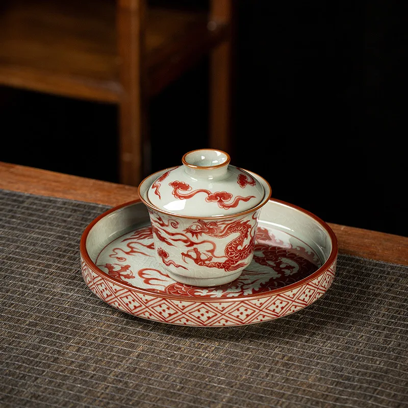 

High Quality Old Clay Glazed Red Armor Horseshoe Cover Teacup Single High-Grade Ceramic Tea Bowl Large Pot Tray Suit