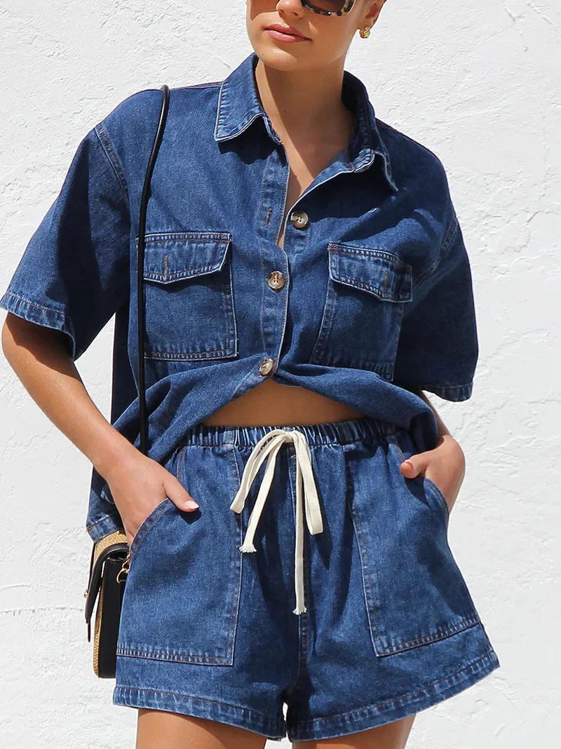 طقم نسائي من قماش الدنيم irt and orts ort Sve عالي الخصر مستقيم الساق Faion صيفي غير رسمي مكون من قطعتين