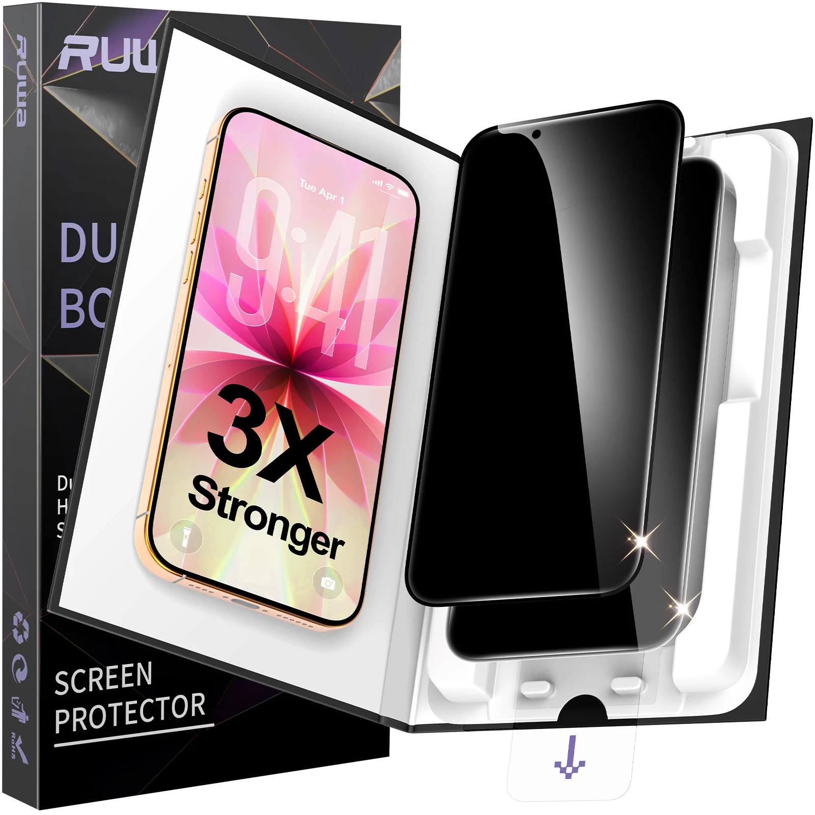 

Ruwa Privacy Screen Protector for iPhone 17/16/15 Pro Max Plus​Anti-Peeping Tempered Glass 9H Hardness Anti-Spy Dust-Free Box