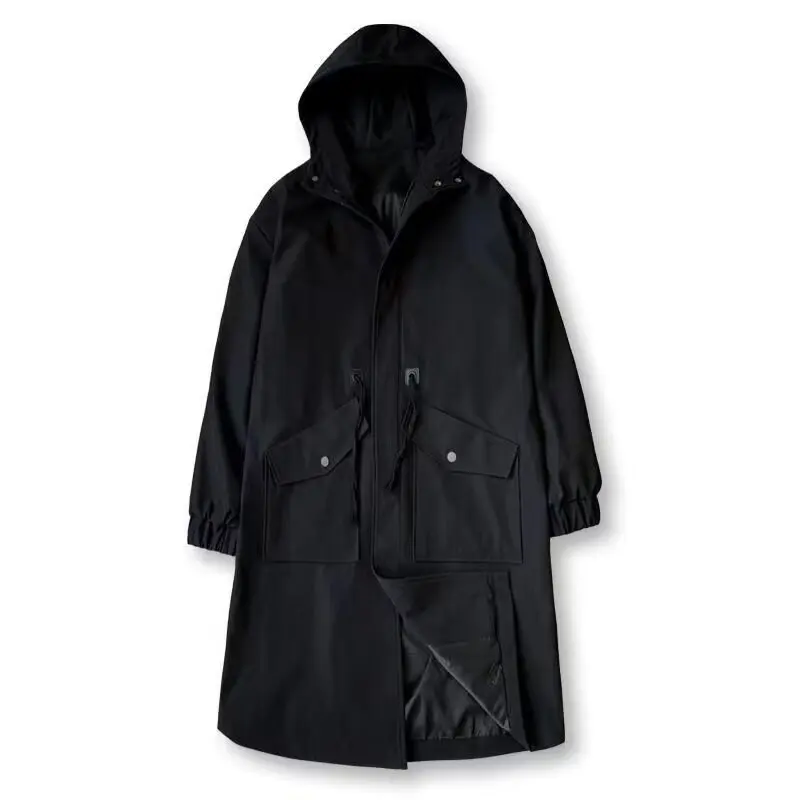 Men Long Hooded Trench Coat Loose Oversized Windbreaker Over Knee Drawstring Waist Casual Jacket Youth Streetwear Spring Autumn