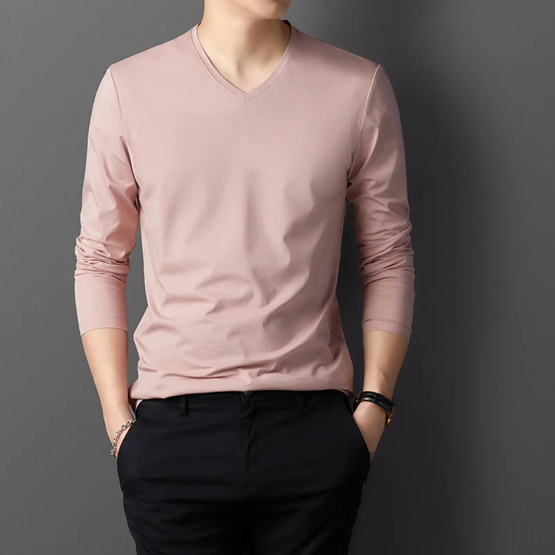 

Spring Autumn Men Long Sleeve V-Neck Casual T-shirt Pink Red Vintage Plus Size Tee Shirt Boys Thin Cute Tshirt Xxxl Office Wear