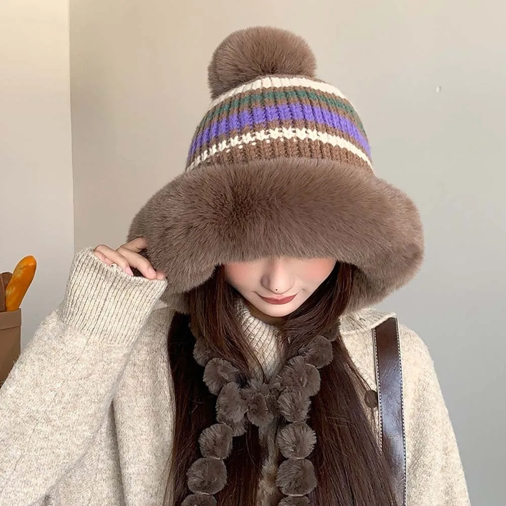 Fleece Lined Pompom Braids Hat Fur Brim Soft Yarn Fur Trim Trapper ElasticThick Windproof Fleece Knit Beanie Commute