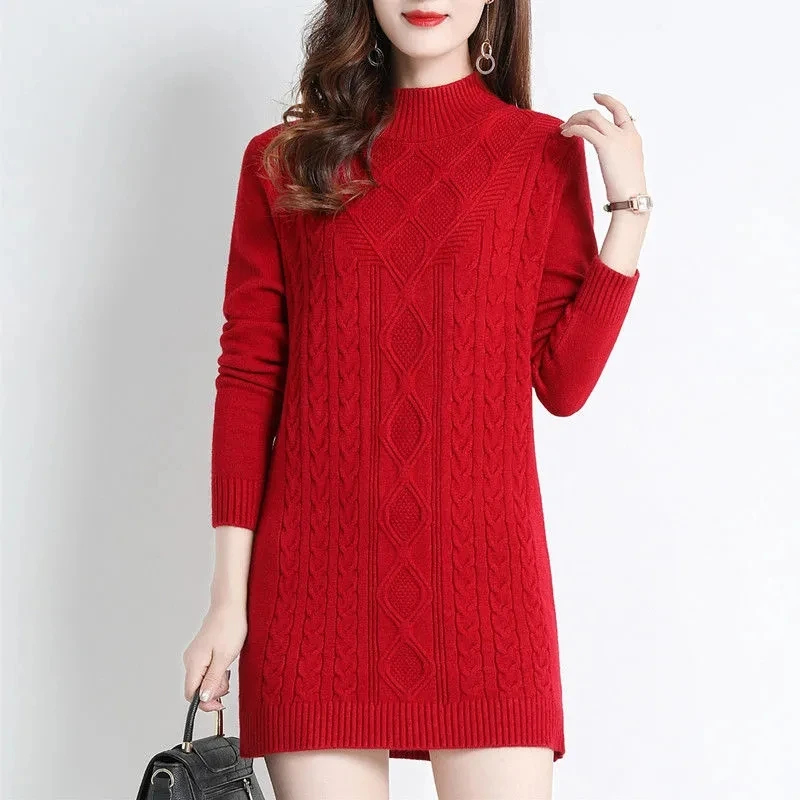 2023 New Autumn Winter Long Sweater Knitwear Warm Women Pullover Half High Collar Female Soft Mid Long Knit Sweater Jumper Tops