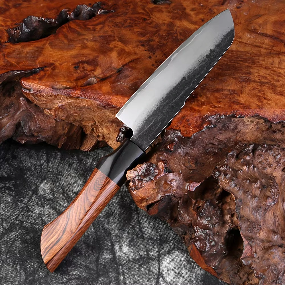 Hand-Forged 5-Inch Santoku Knife Sharp and Durable Triple-Layer Composite Steel Vintage-Style Utility Knife with Wooden Handle