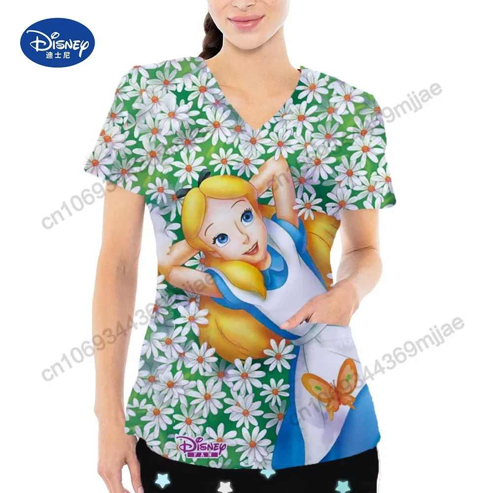 

V-neck Design Women's Clothes Cartoon Pocket Women's T-shirts New Short Sleeves Tops