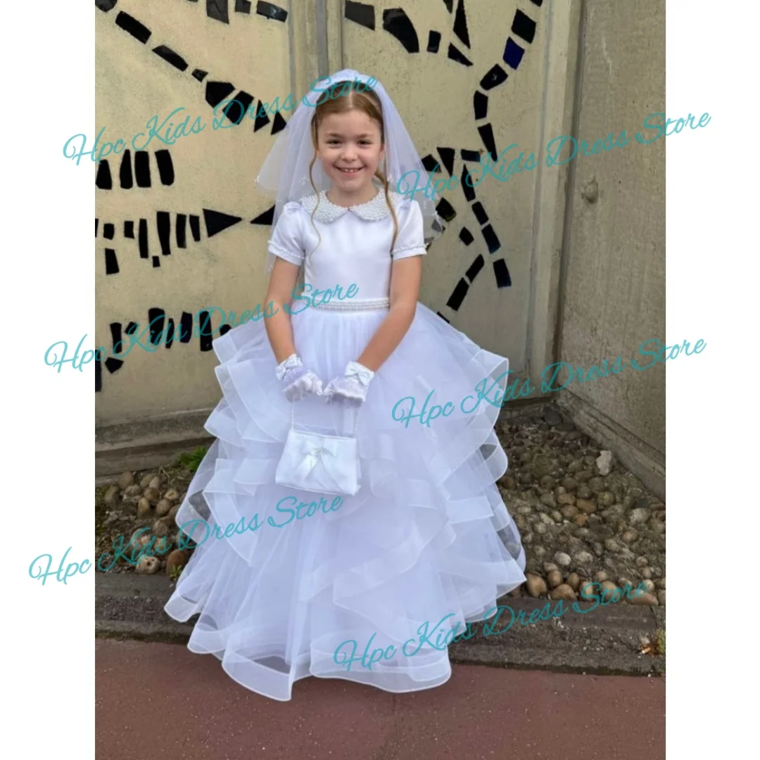 Custom White Girls' First Communion Flower Girl Dress with Pearl Collar, Includes Multi-Layer Tulle Skirt, Veil and Gloves, Chil