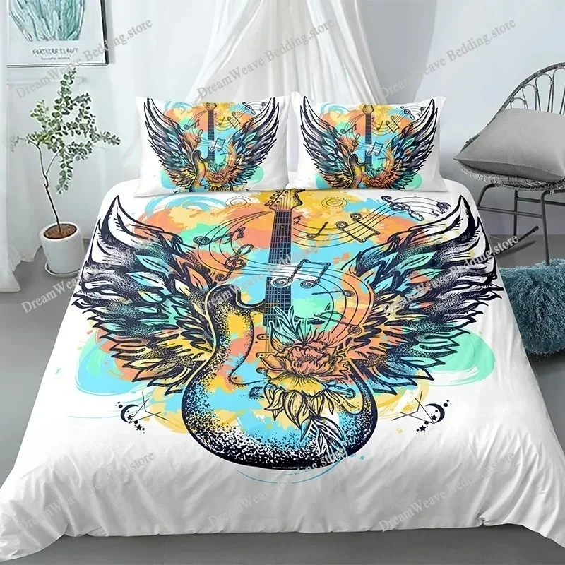 Music Guitar Bedding Set King Queen Heavy Metal Punk Rock Duvet Cover for Teen Boy Musical Note Polyester Comforter Cover963963