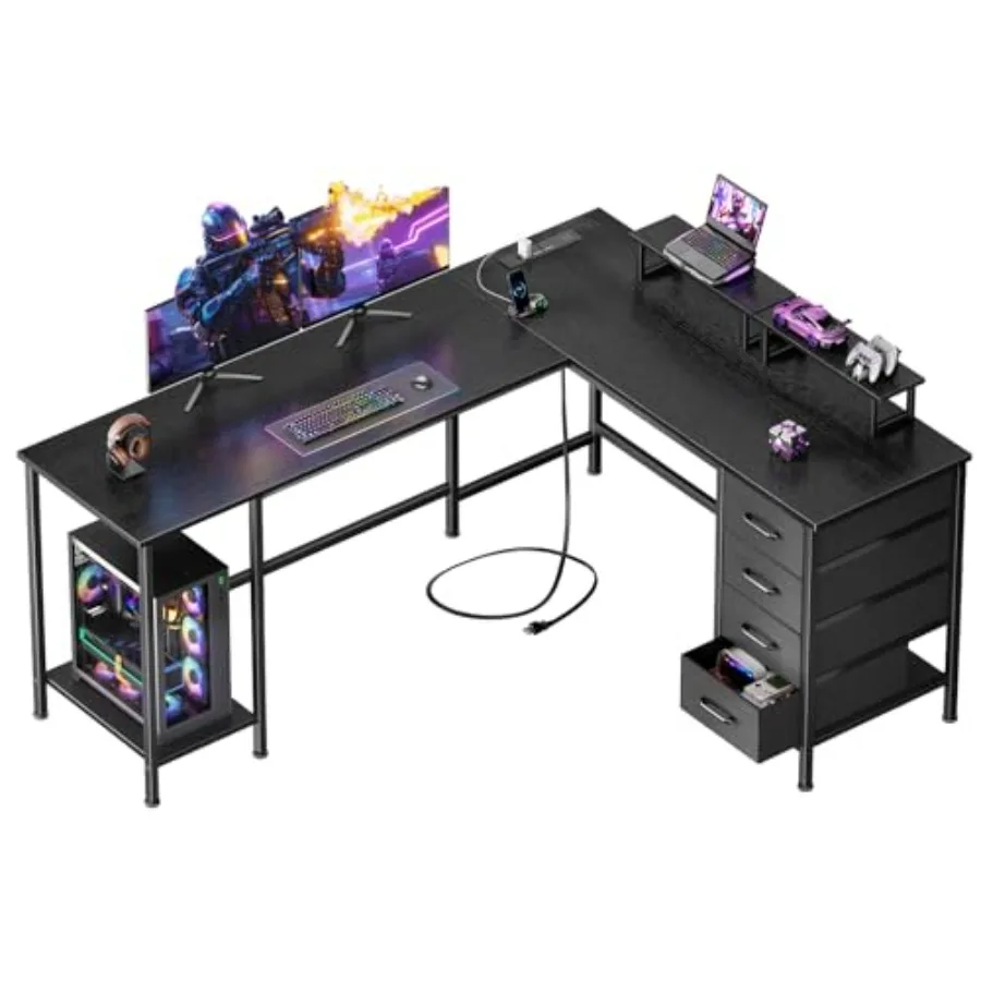 L Shaped Computer Desk with Power Outlets for Home Office, Engineered Wood, White, Spacious Dual-Surface Design with Built-in U