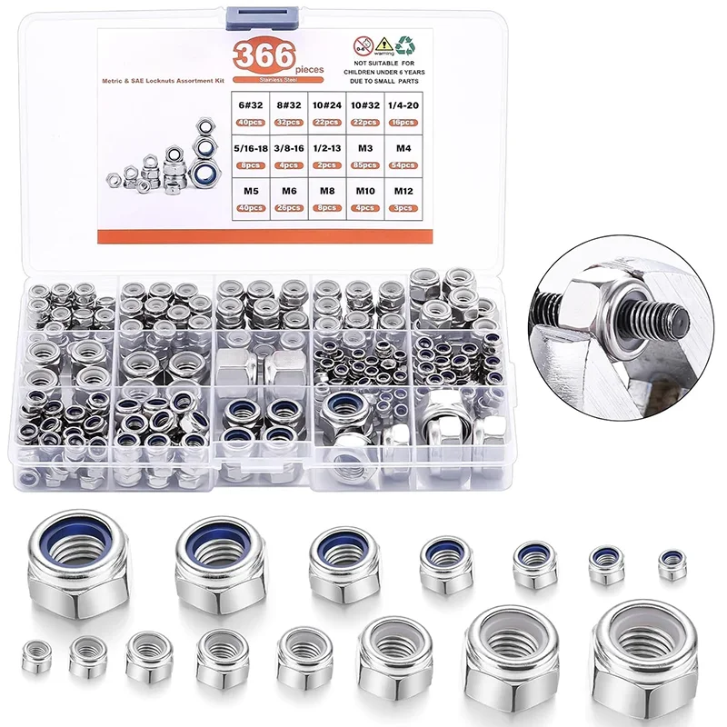 366Pcs Nylon Insert 304 Stainless Steel Hexagon Hex Lock Nuts Set Metric Locknuts Assortment Kit M3/4/5/6/8/10/12 Hardware Nut