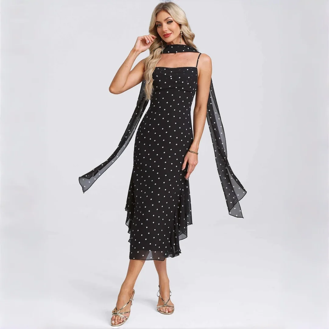 Women Polka Dot Chiffon Midi Dress Spaghetti Strap Square Neck Mermaid Ruffle Hem Dress With Matching Scarf Elegant Dress