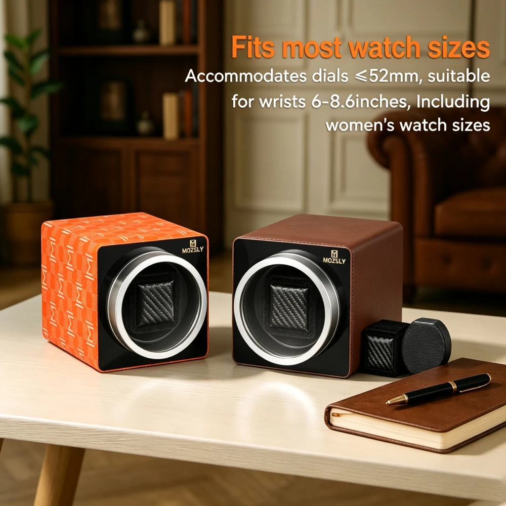 Mozsly Luxury Single Watch Winder, PU Leather Case & Japanese Quiet Motor, 20dB 12 TPD Programs, 3 Rotation Modes, Dual Power Anti-Magnetic, for Display, Fits Rolex Omega