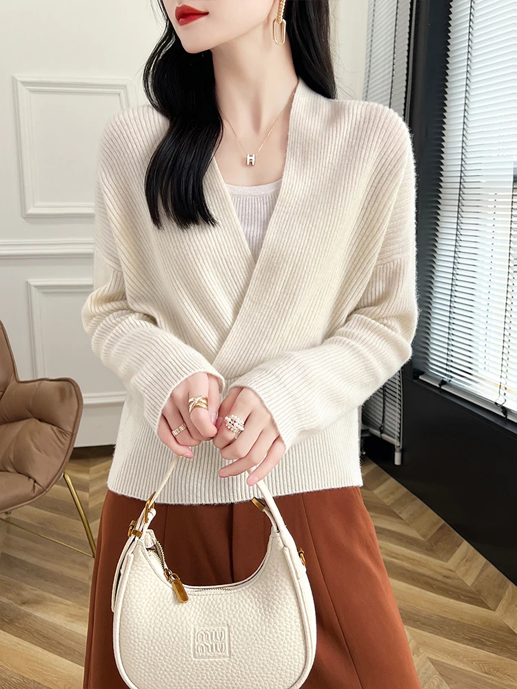 Spring Autumn Winter Women Cashmere Sweater V-neck Pullover Office Lady Grace Fashion Clothes 100% Merino Wool Knitwear Tops