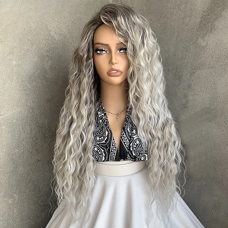 

New European, American and Latin America roll fashion long curly hair gradual change gray natural fluffy simulation wig headgear