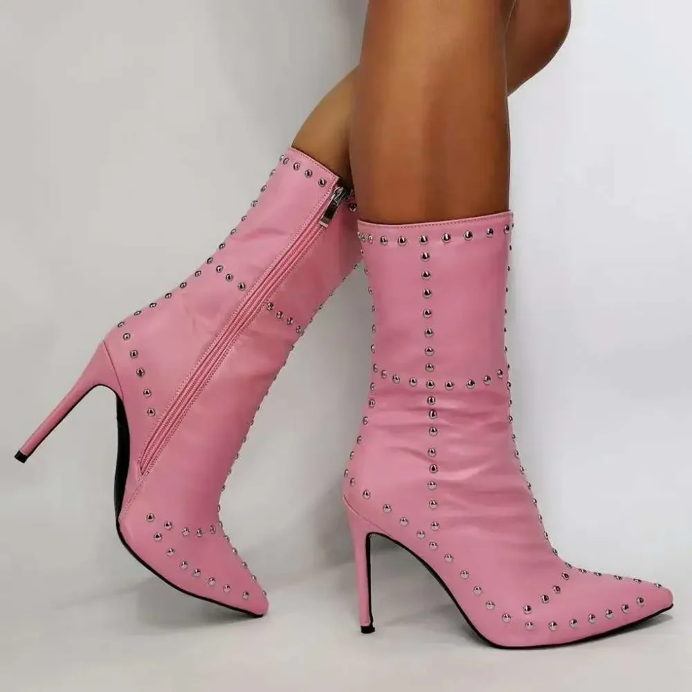 ASHIOFU New Handmade Ladies Boots Rivets Spikes Real Photos Ankle Booties Pointed-toe Evening Party Prom Evening Pink Short Boot