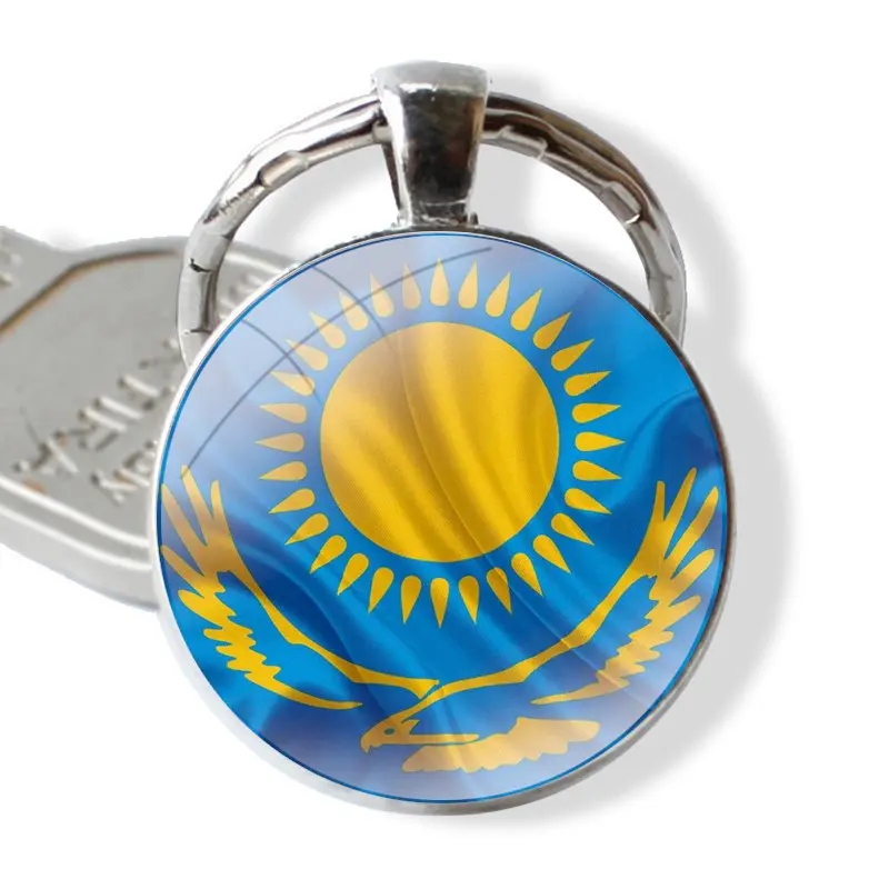 Keychain Handmade Glass Cabochon Key Ring Holder Pendant Key Chains Kazakhstan flag