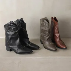 2024 Wasteland Style Vintage Trouser legs Western Boot Black Knee High Boots Women Brown Maillard Rivets Punk Winter Shoes