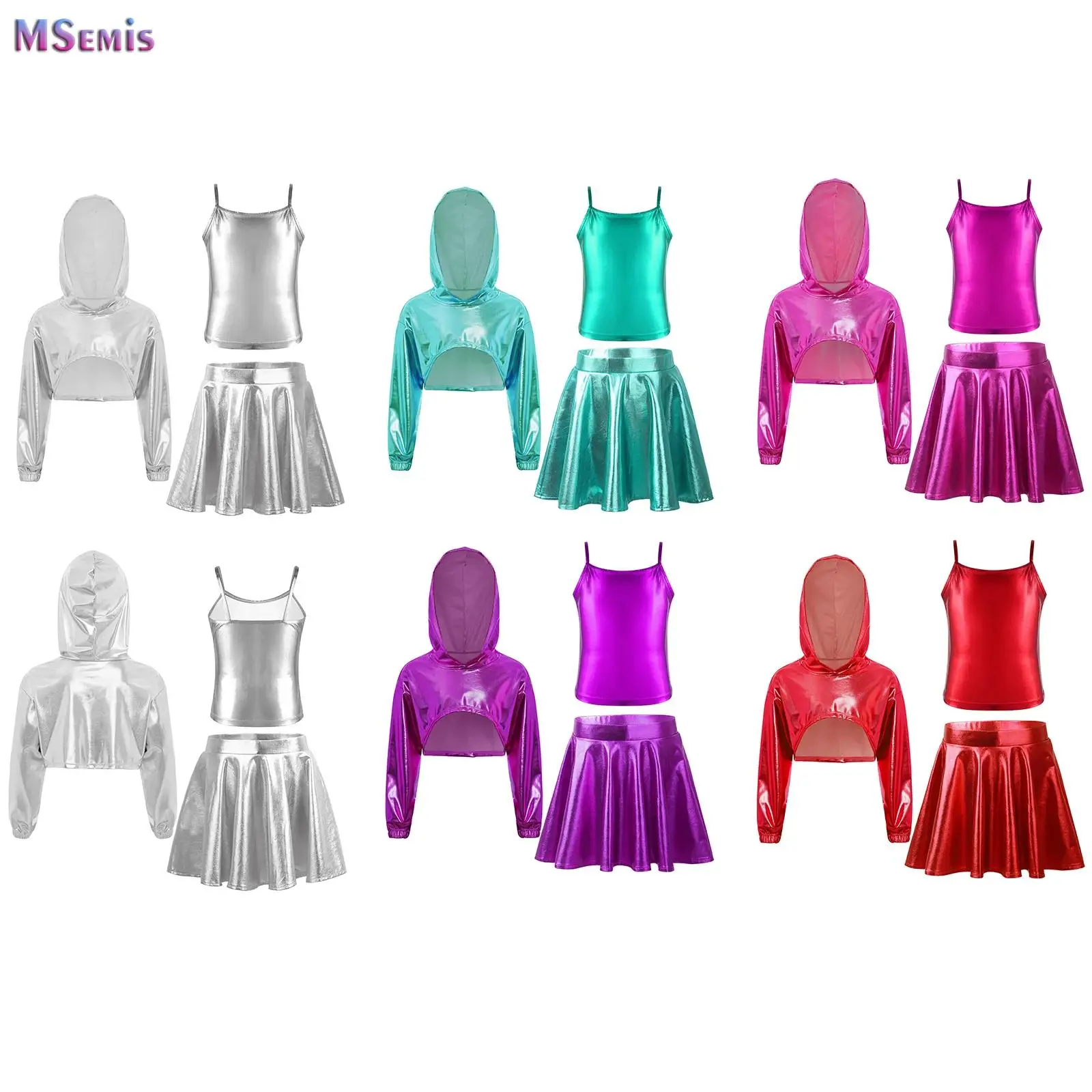 Kids Girls Shiny Hip-Hop Jazz Dance Performance Costume Long Sleeve Cropped Hoodie with Spaghetti Straps Vest And Flared Skirt