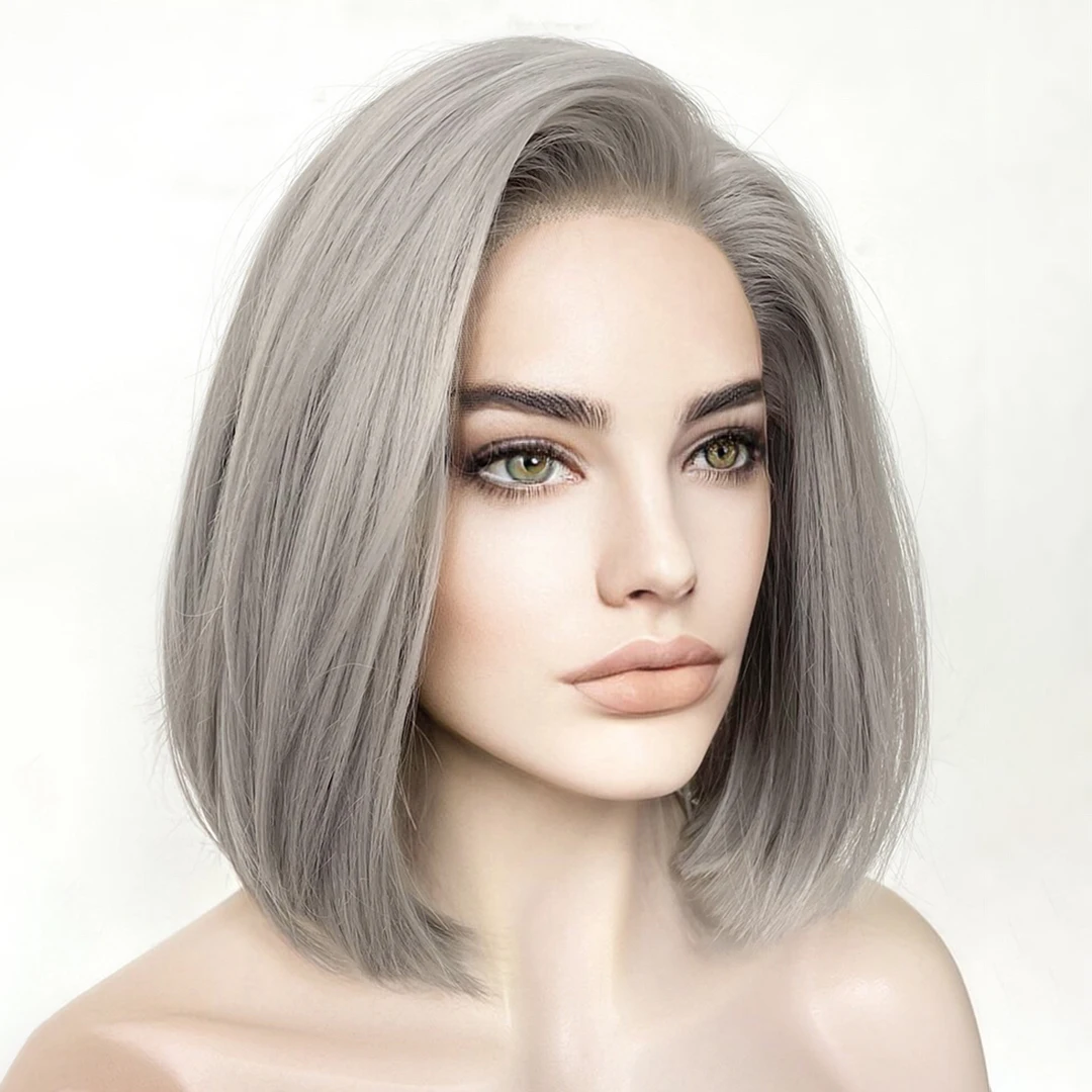 Lolita Grey Blonde Short Bob 12Inches Lace Front Wigs for White Women Glueless 180Density 13x4 Transparent Lace Wigs Baby Hair