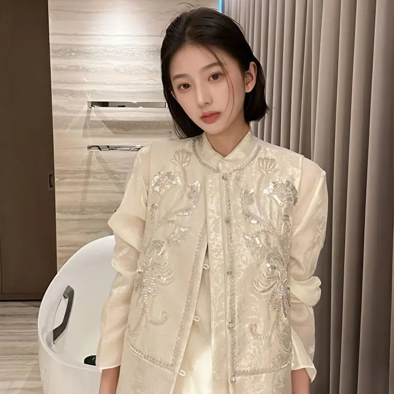 

Luxury Beaded Flower Vest Women Spring Summer Embroidery Jacket Female Streetwear Sleeveless Short Coat Vintage Satin Vest