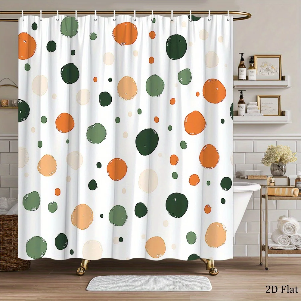 Abstract point shower curtain green, orange and beige white circle, minimalist modern art of contemporary bathroom decoration