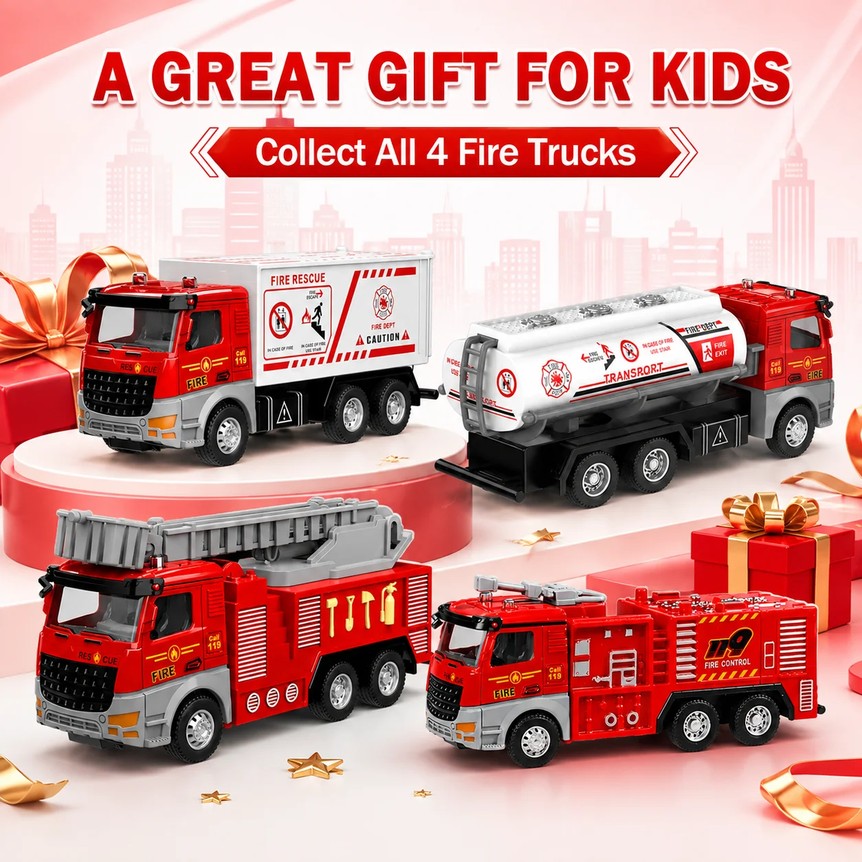 MQUDUO Fire Engine Toy Car, Rescue Cargo Truck Fire Tanker Ladder Truck or 119 Emergency Vehicle with Rolling Wheels