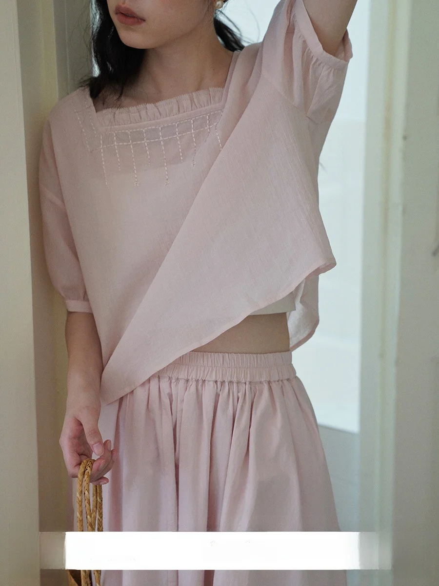 

Pure Cotton ort Sve Embroidered Flower Patchwork irt Women's Loose Fit Casual Sle round Ne Commute Faion