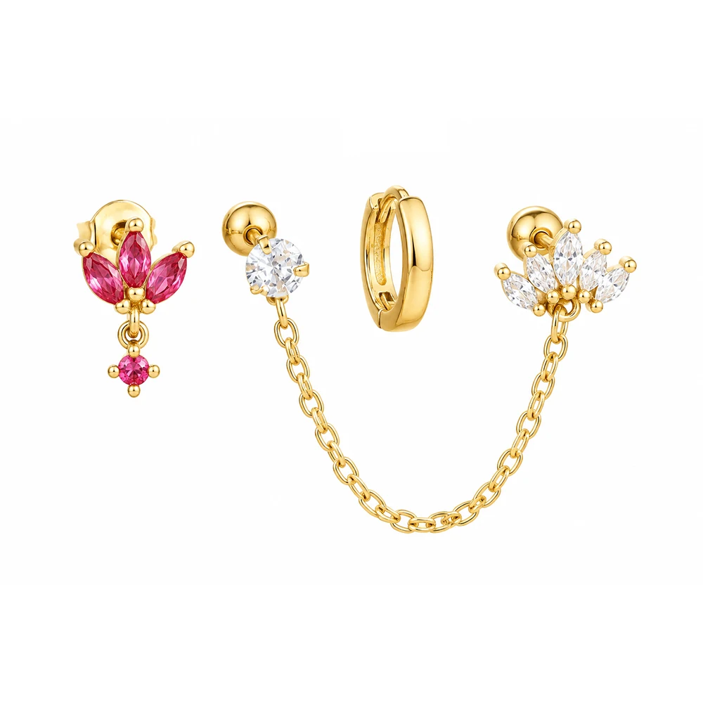 3 Pieces 24K Gold Plated Orange Red Green Crown Zircon Stud Earrings Set with Chain Tassel Eardrop for Women Piercing Jewelry