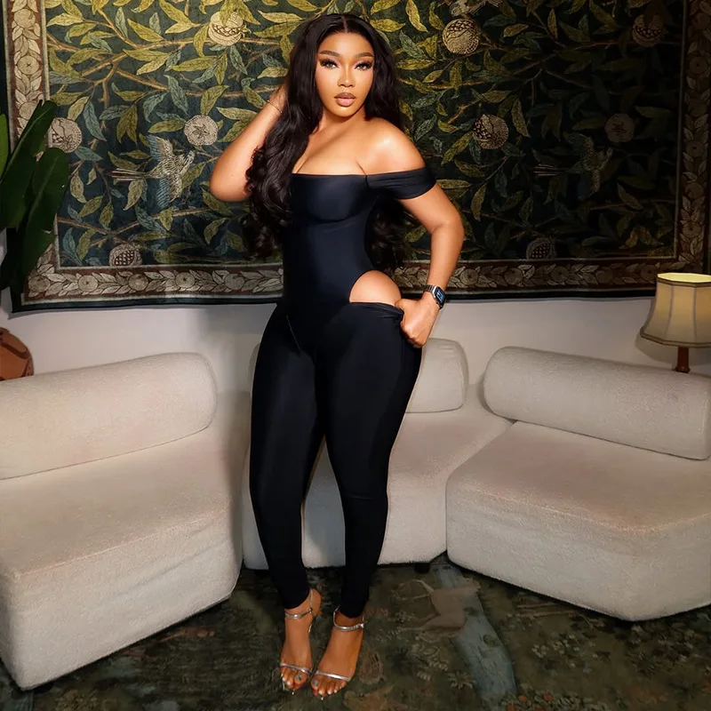 Sports-style   Women's Elastic Backless Slim-fit Jumpsuit With Raglan Sleeves, Off-the-shoulder Neckline, Solid Color Trend
