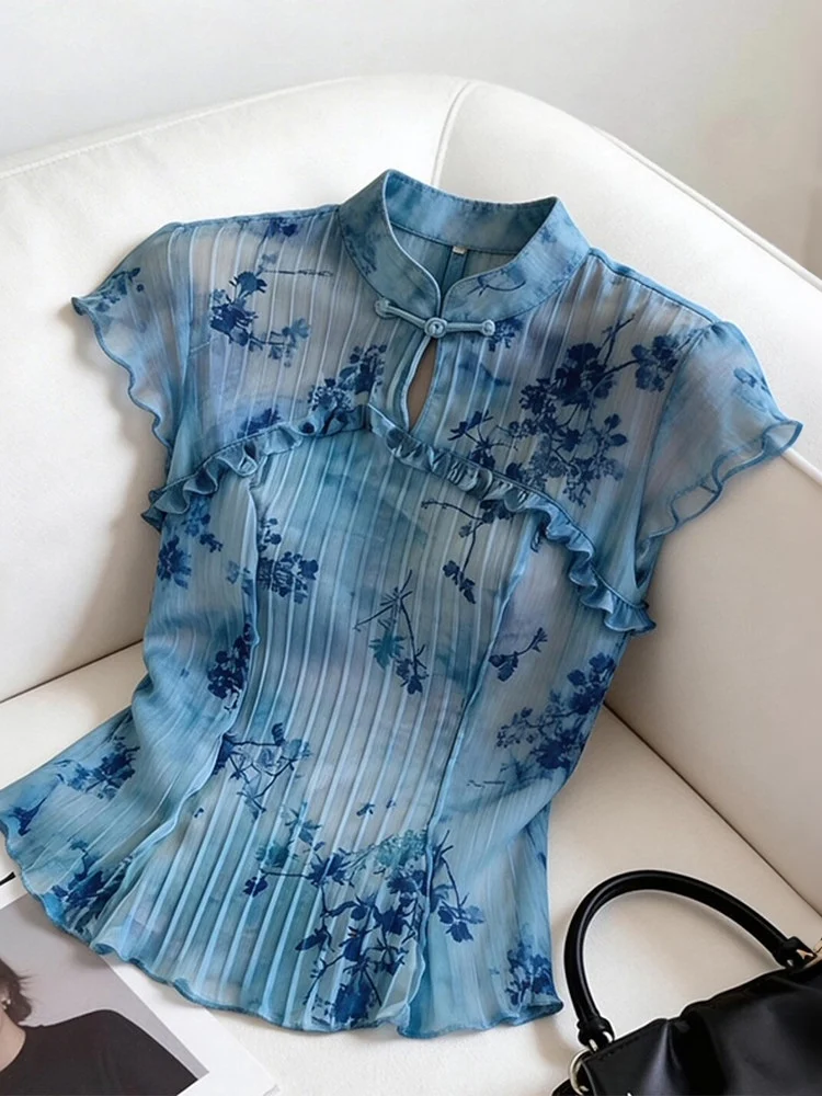 

New Chinese Style Retro Blue Print Short Sleeve Women's Shirt Summer Breathable Comfortable Korean Version Commute Style