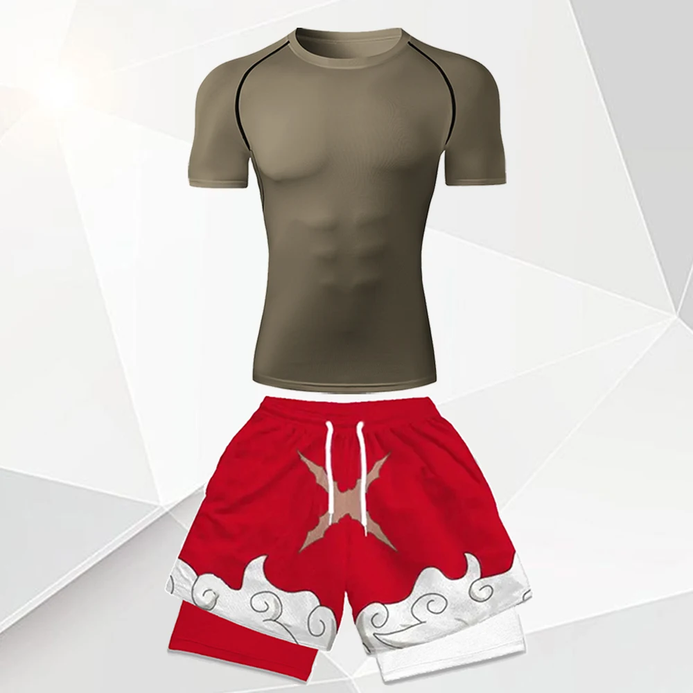 Men's 2Pcs Anime Gym Outfit White Compression Tee + Red Cloud Print Double Layer Shorts Set Quick Dry Fitness Sportswear Suit view 3