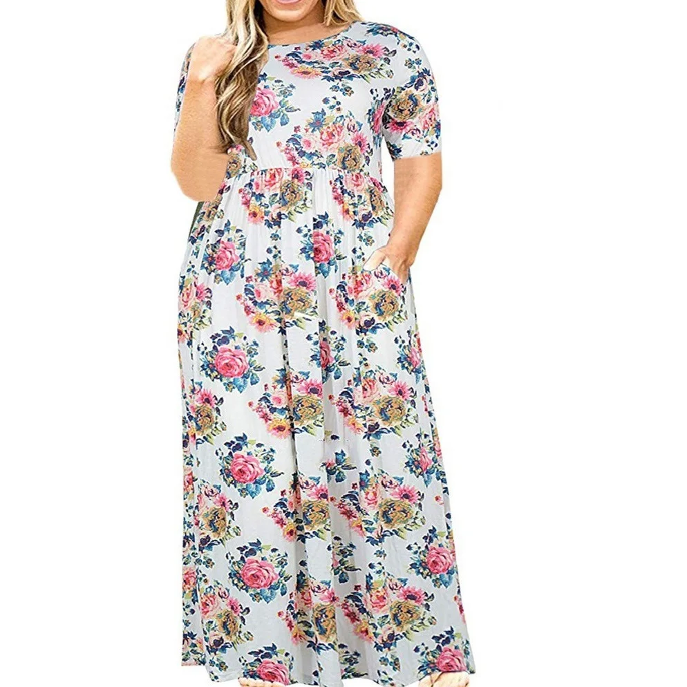 Verão 2024 plus size feminino redondo ne ort sve impresso longo dr cor pura moderno sle midi dr para senhoras plus size