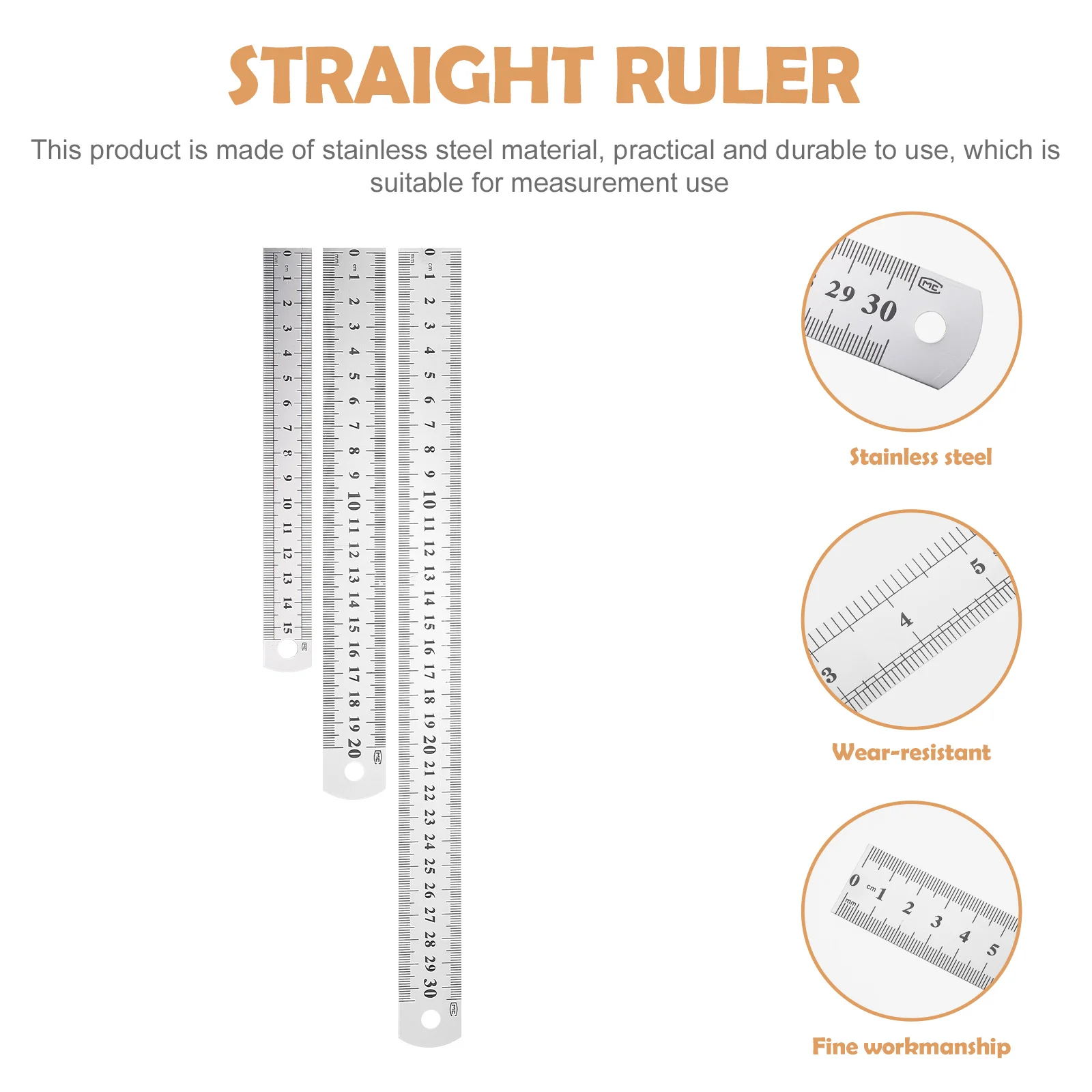 3pcs Thickened Stainless Steel Ruler 30cm 20cm 15cm Double Side Measuring Tool Straight Carpenter Lightweight Portable Drawing