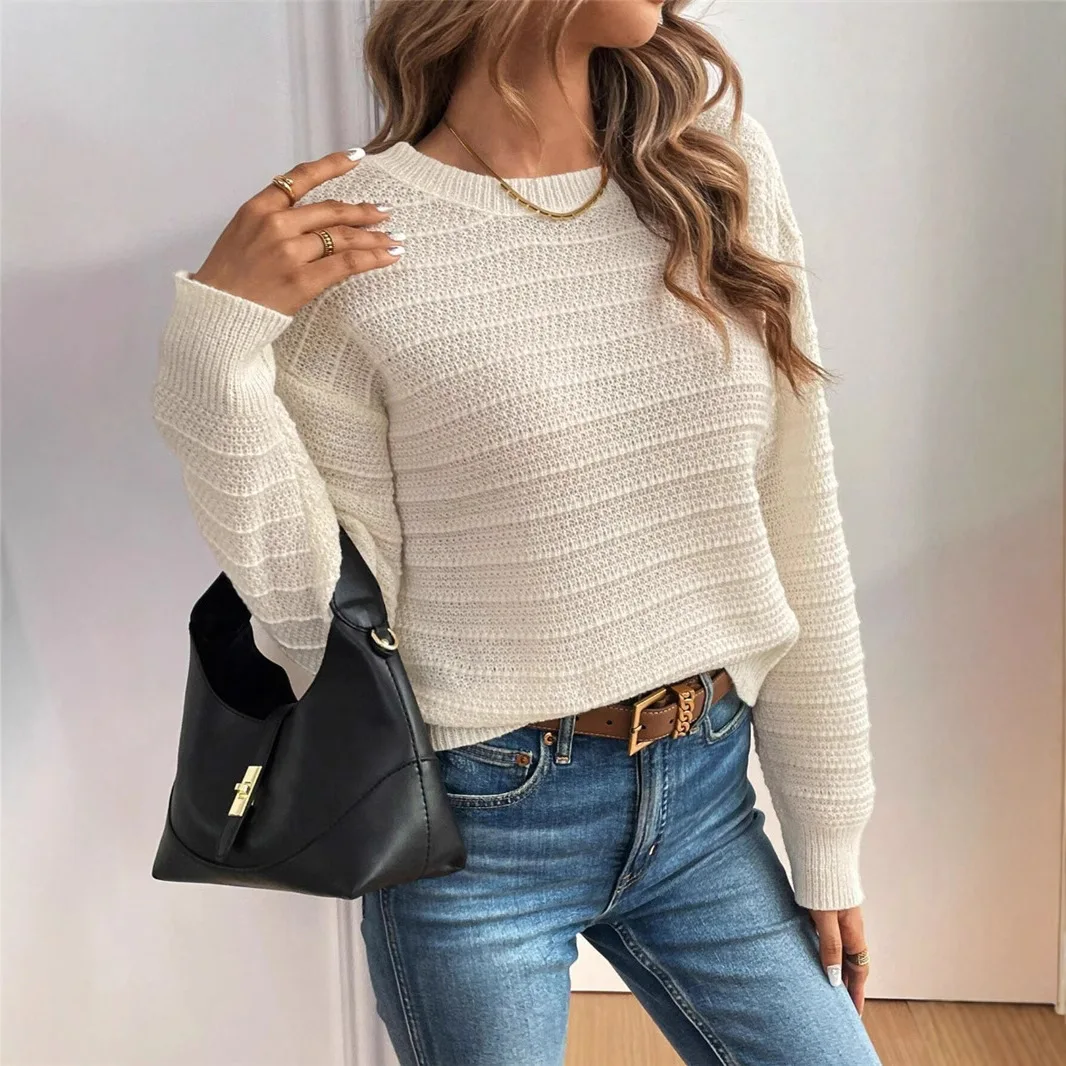 Women's  Knot Decorative Knitted Sweater Slim Fit Long Sve round Ne  Color Independent Season Batwing Sve