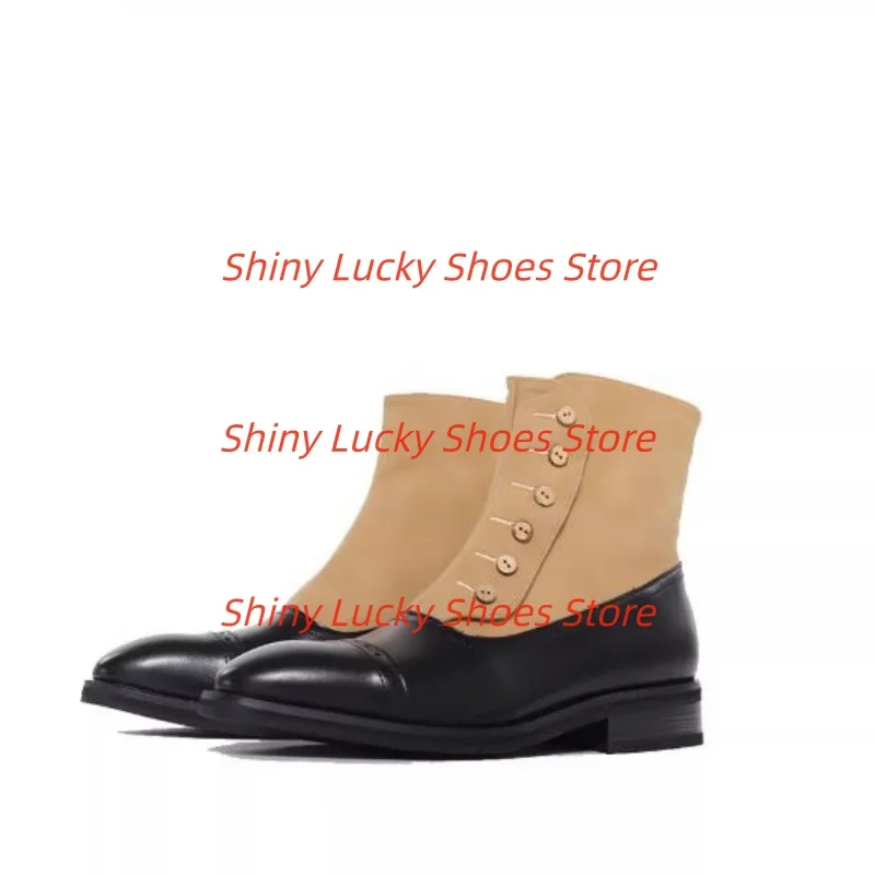 

Button Shoes for Males Round Toes Chunky Mid Heels Pleated Tacones Mixed Colors Mens Short Boots Sewing Lines Chassure Hommes