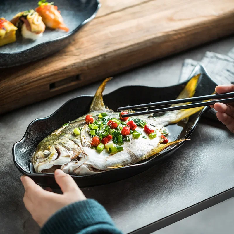 1PC Japanese Creative Fish Shaped Ceramic Steaming Plate Large Capacity Household Dinnerware Kitchen Tableware