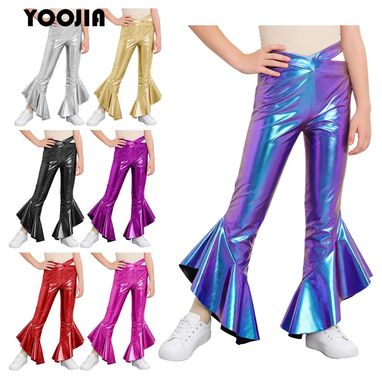 

Kids Girls Shiny Flare Pants 70S Disco Hippie Costume Cross Waistband Ruffle Metallic Bell Bottom Pants Trousers for Stage Proms