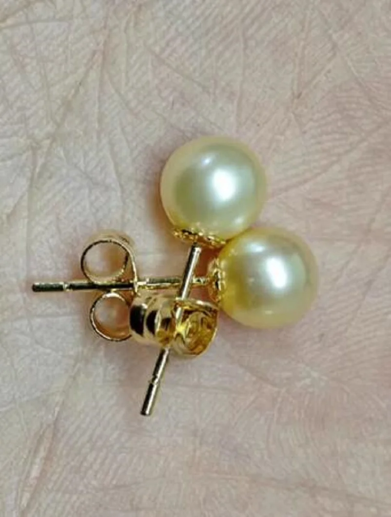 Mini natural AAA 8-9mm 9-10mmNanhai yellow pearl earrings 14K gold.