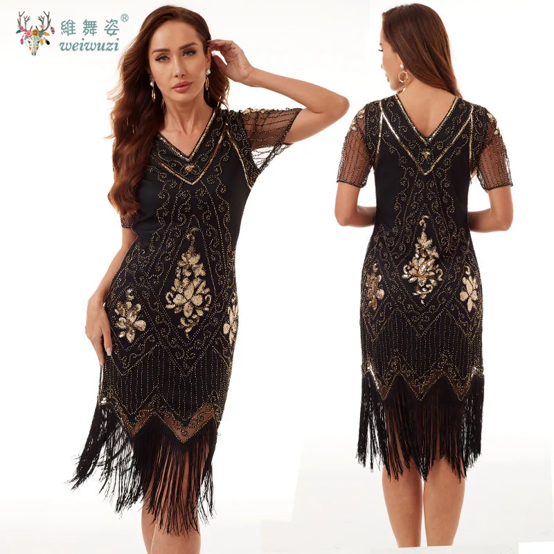 여성용 비즈 장식 섹시 가운 빈티지 우아한 시퀸 메쉬 V넥 반팔 프롬 파티 이브닝 드레스 무대 공연 의상