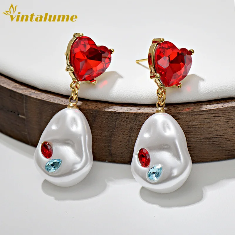

Серьги-подвески Vintalume с красными кристаллами в форме сердца, барочными жемчужинами и каплевидными элементами для женщин, модные украшения, изящные серьги-капли для вечеринок