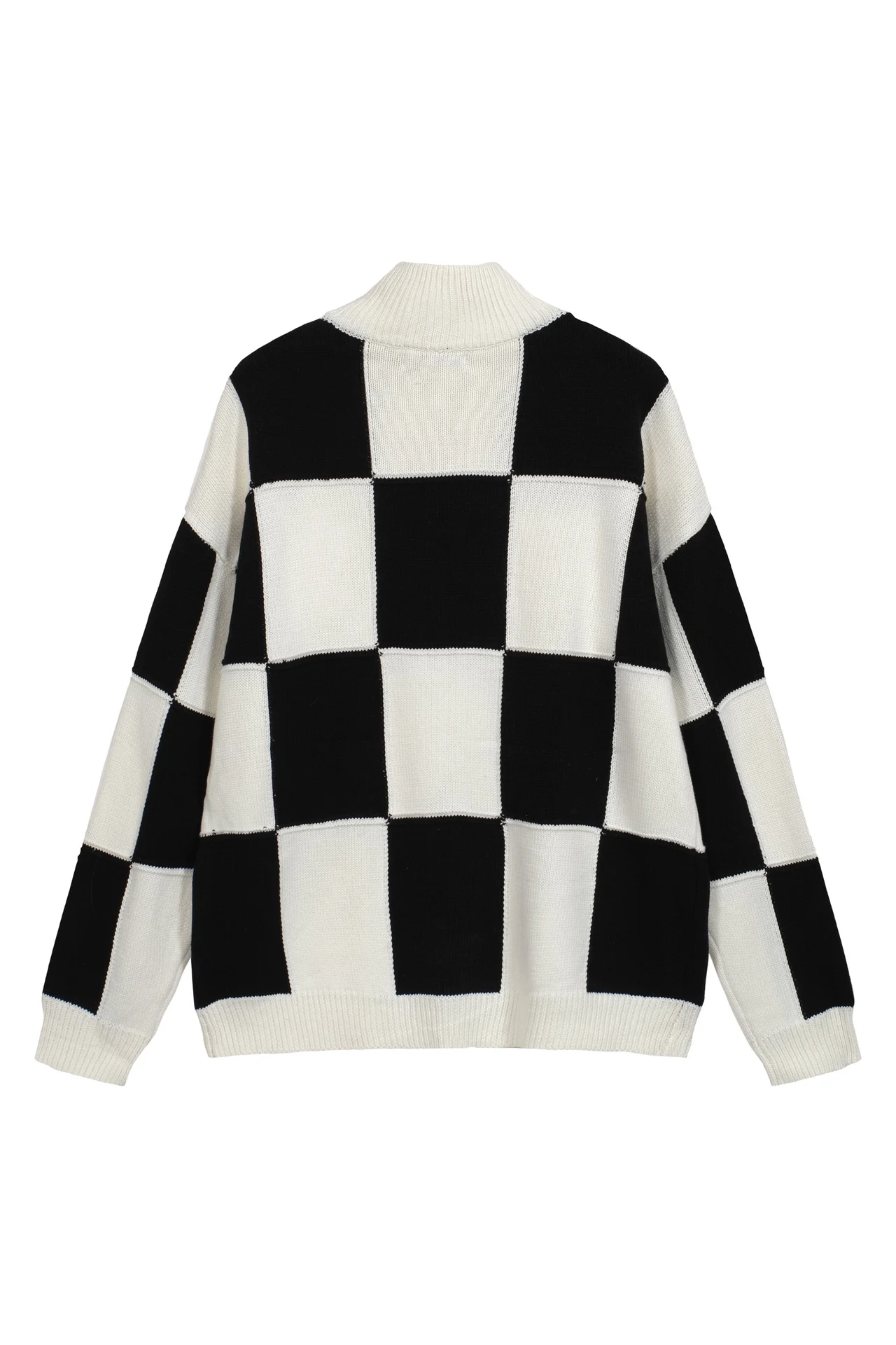 Black and white checkerboard knitwear niche high street two-way zipper casual stand-up collar sweater jacket