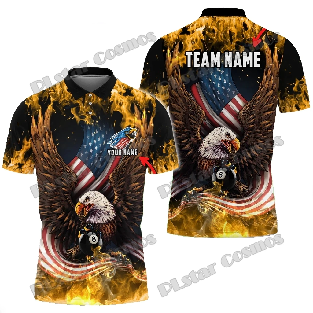 Billiards Eagle US Flag Pattern Personalized Name, Team Name 3D Printed Premium Men's Polo Shirt Summer Casual Polo Shirt POL179