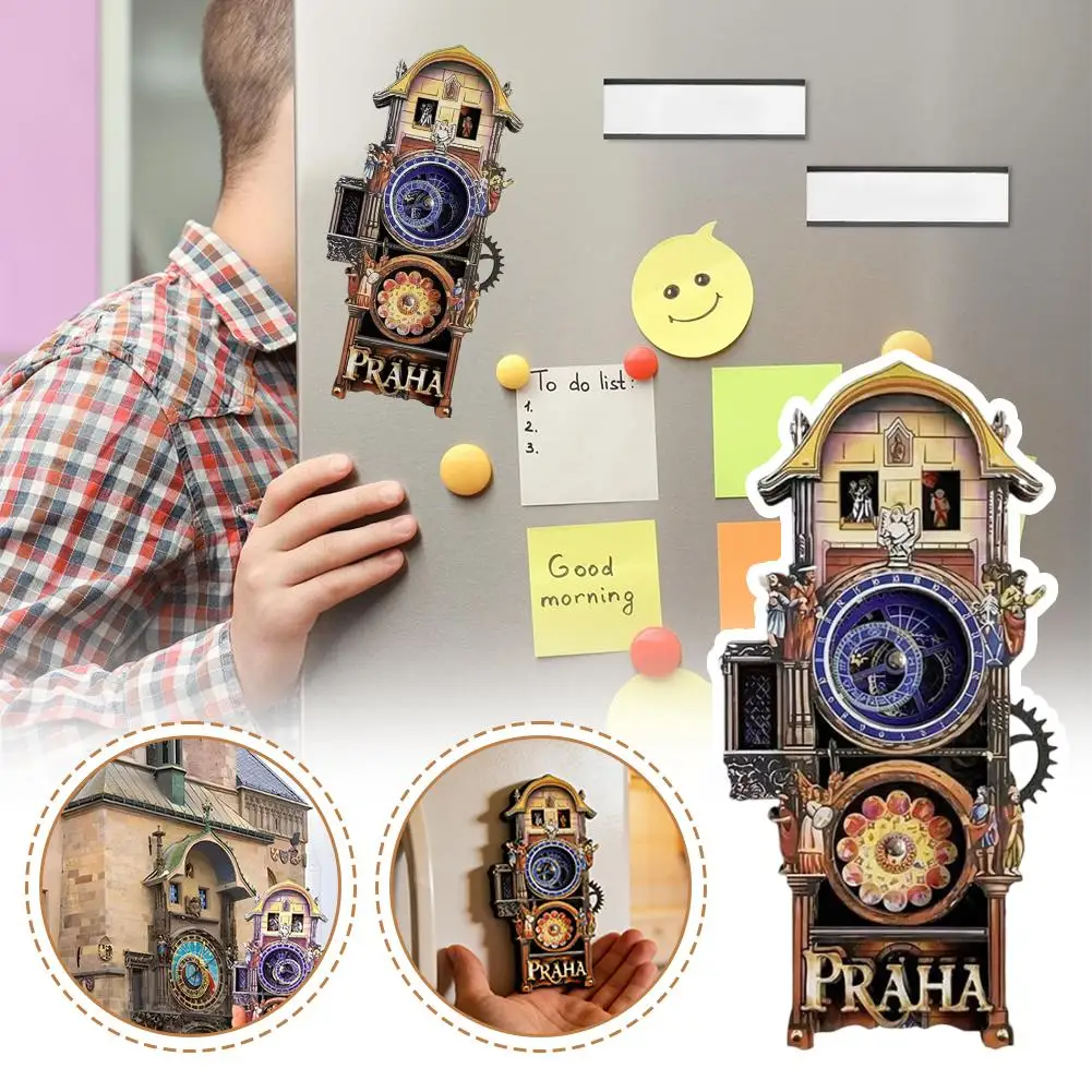 Authentic-Look Wooden Magnet Featuring Prague’s Orloj Clock Spinning Gear Mechanism Home Office Decor Collector’s Item