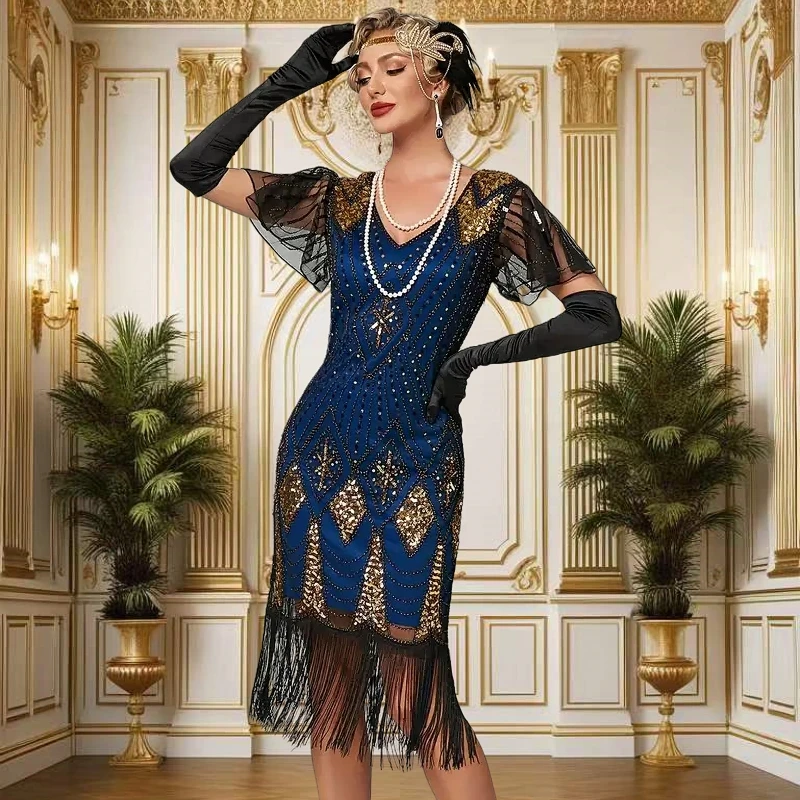 Sexy V-Ausschnitt Schmetterlingsärmel Blaues Paillettenkleid 1920er Jahre Damen Flapper Fransenkleid Plus Size Gatsby Style Kleid 20er Jahre Kostüm